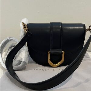 Charles & Keith Black Gabine Saddle Bag with Gold Accent-2 Straps-NBU